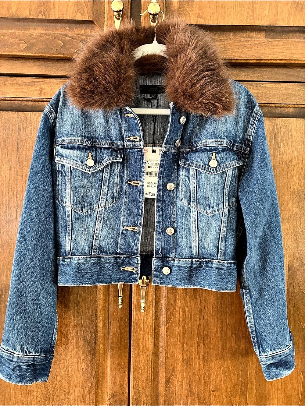 Zara Cropped Faux Fur Collar Denim Jacket XS